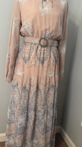 Elegant Chiffon Modest Maxi Dress with Embroidered Lace – Long Sleeve Formal Abaya Dress