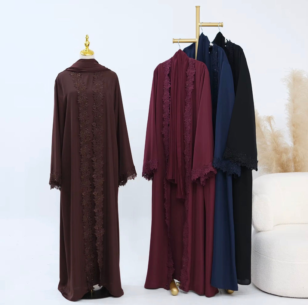 Layali Luxe Lace 3-Piece Abaya Set