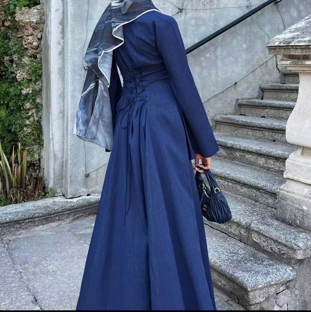 Elegant Modest Maxi Dress with Adjustable Back Tie – Long Sleeve Muslim Dress