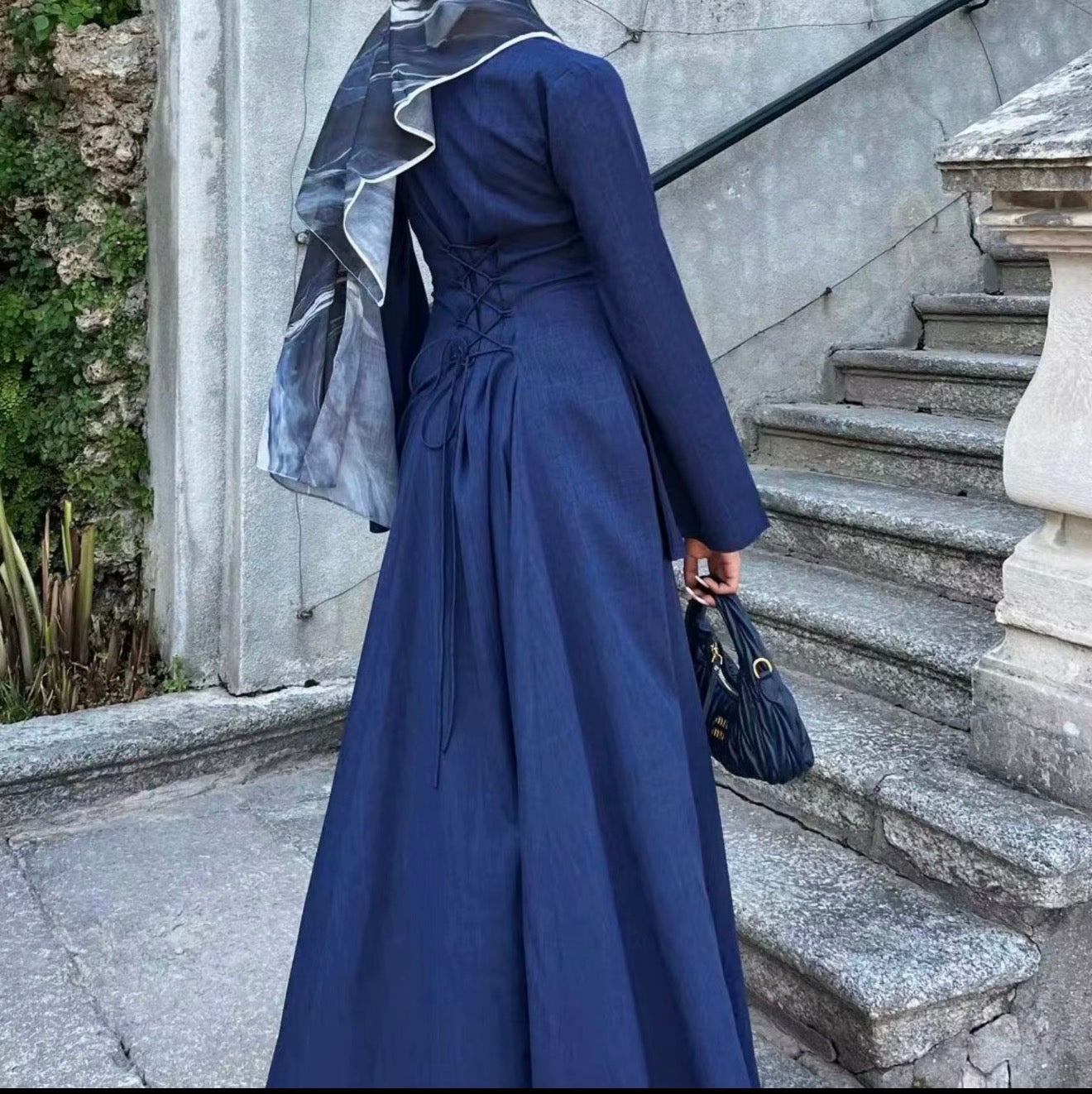 Elegant Modest Maxi Dress with Adjustable Back Tie – Long Sleeve Muslim Dress