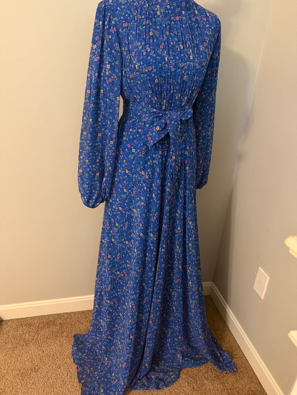 Blue Floral Modest Maxi Dress with Waist Tie
