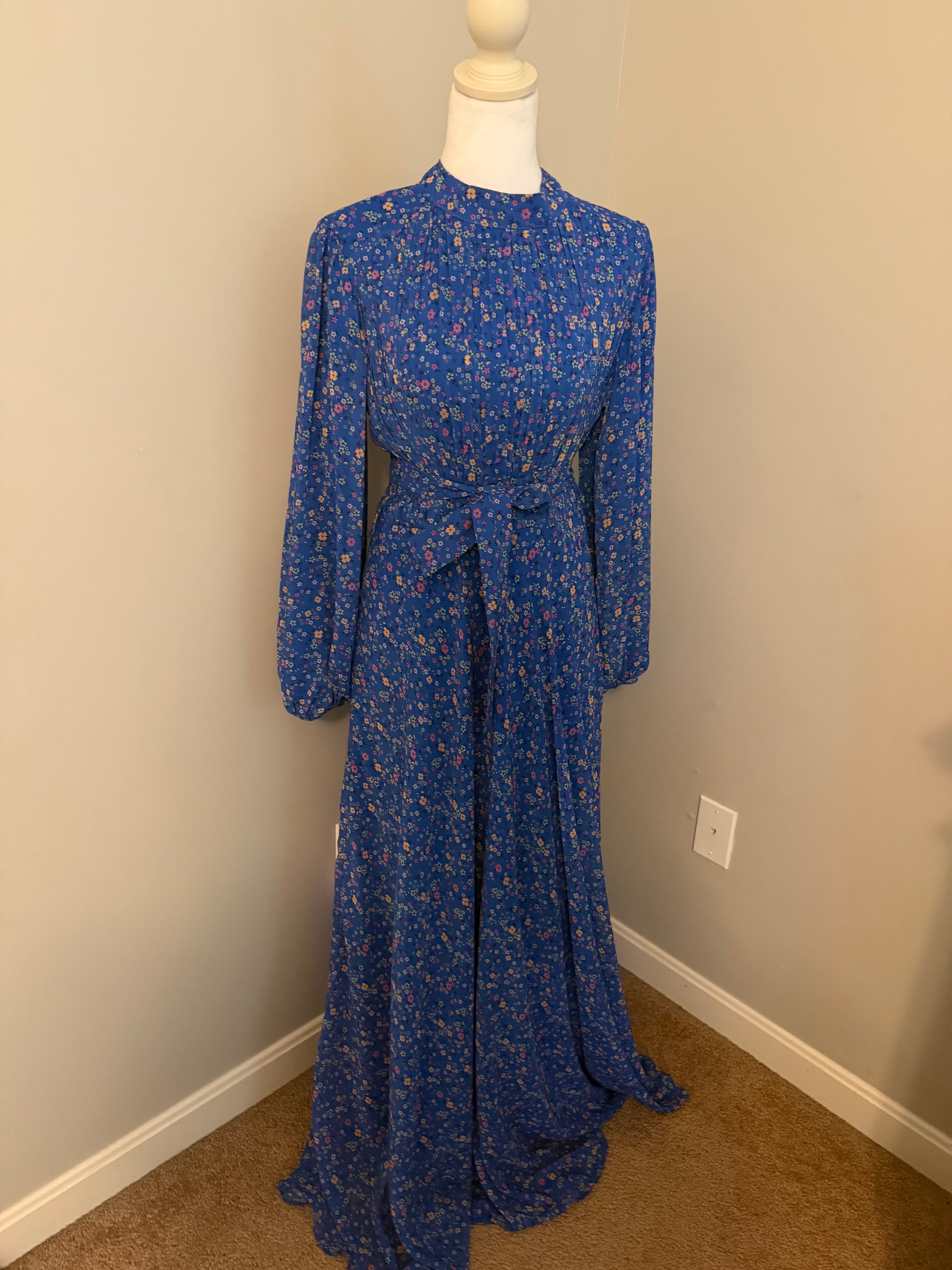 Blue Floral Modest Maxi Dress with Waist Tie