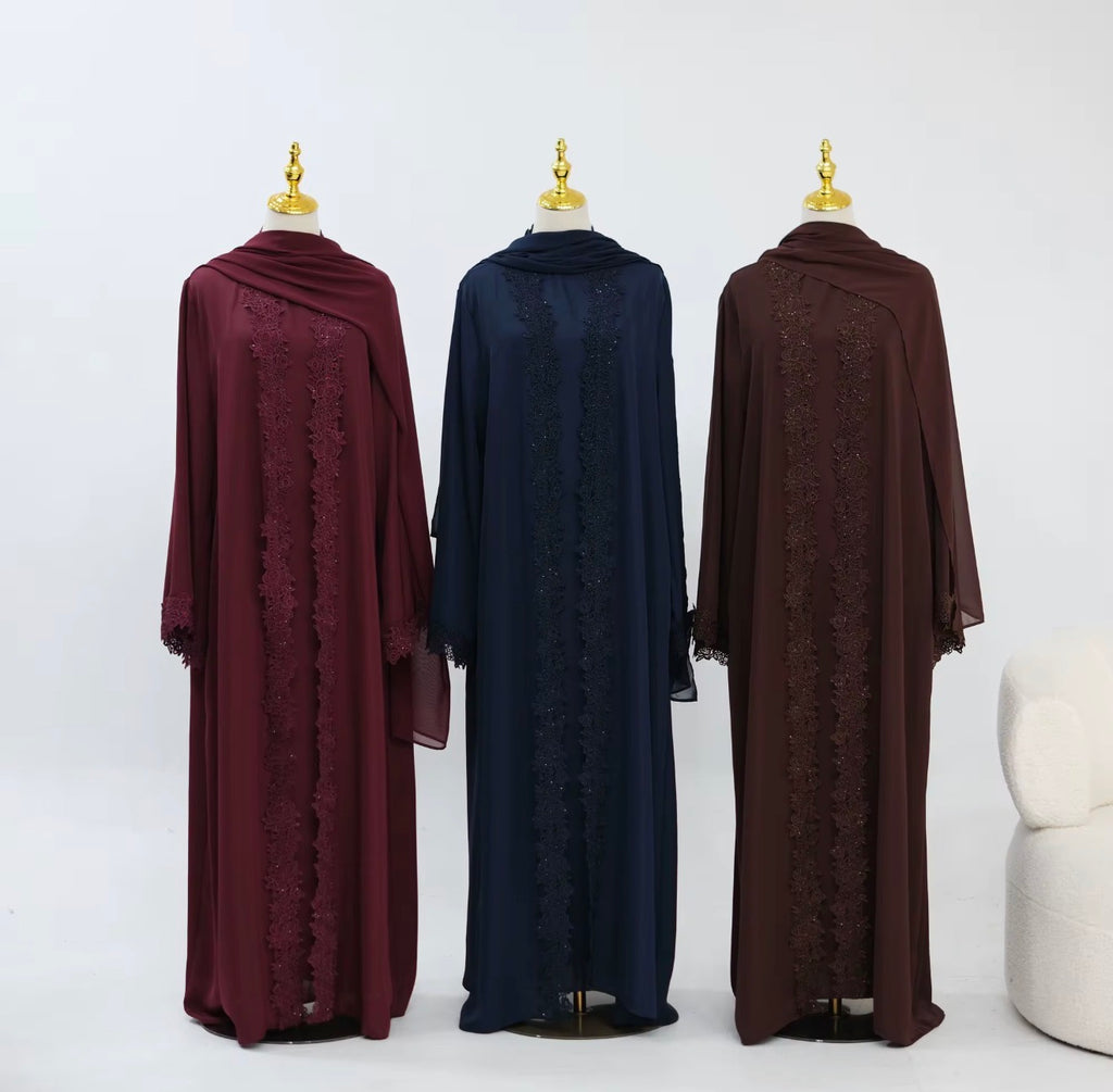 Layali Luxe Lace 3-Piece Abaya Set