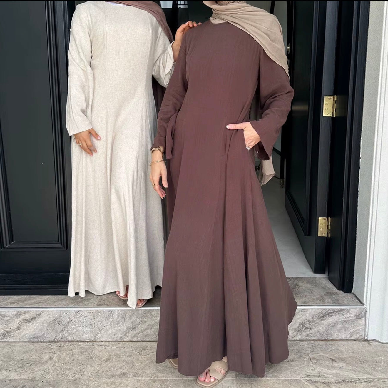 Elegant Modest Maxi Dress with Adjustable Back Tie – Long Sleeve Muslim Dress