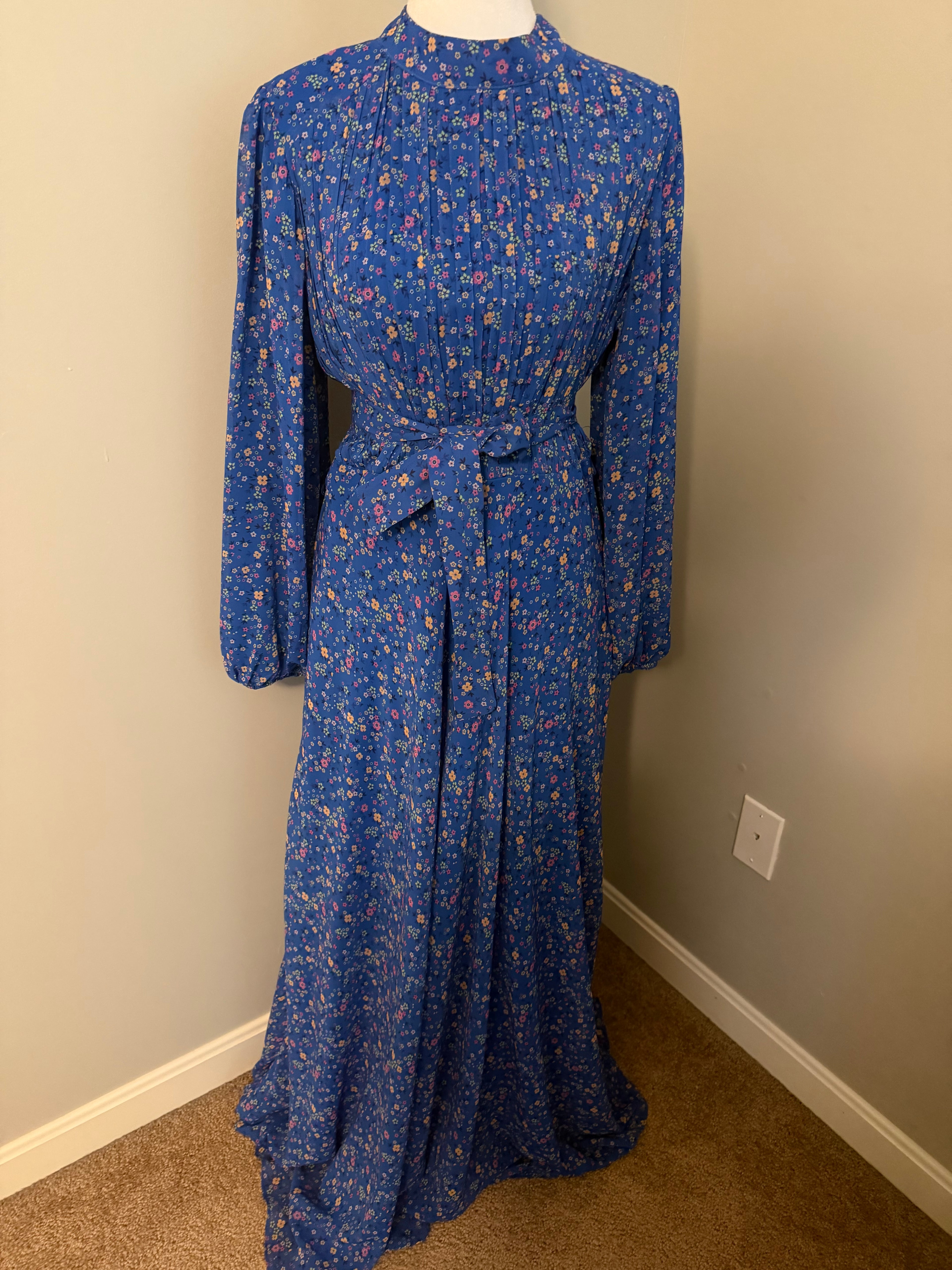 Blue Floral Modest Maxi Dress with Waist Tie