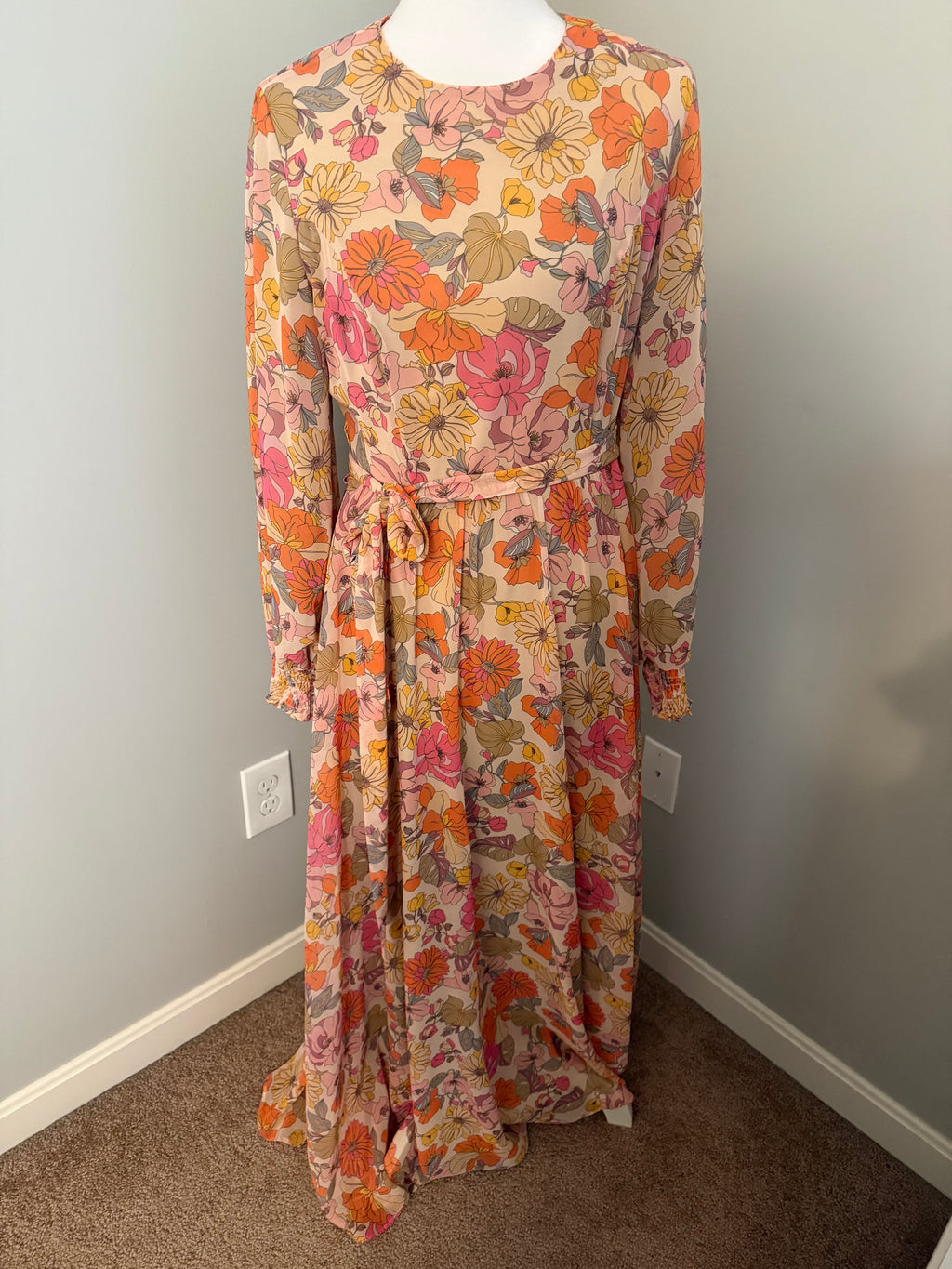 Pink Floral Modest Maxi Dress with Waist Tie