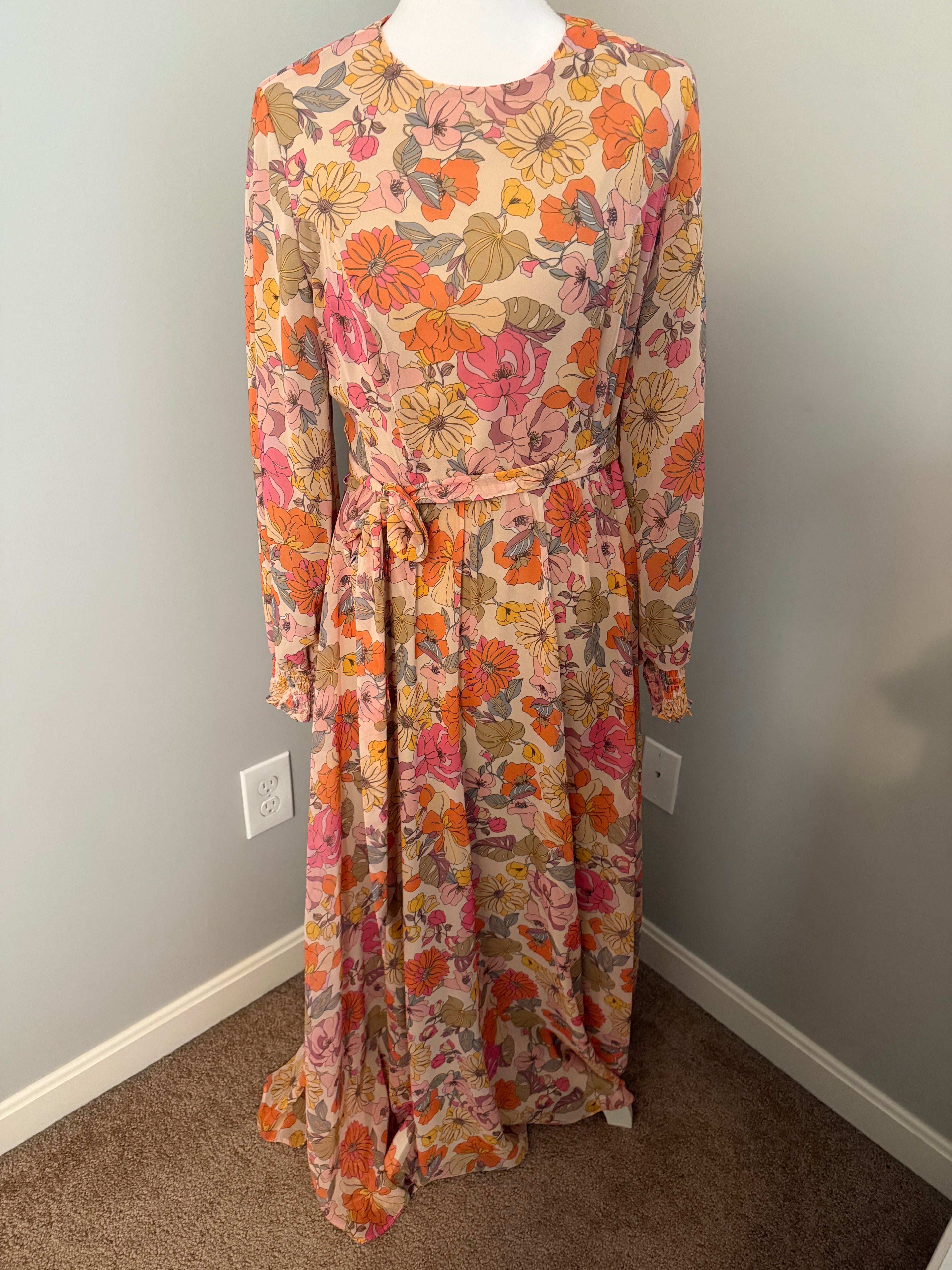 Pink Floral Modest Maxi Dress with Waist Tie