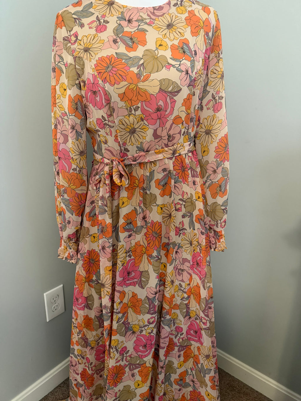 Pink Floral Modest Maxi Dress with Waist Tie