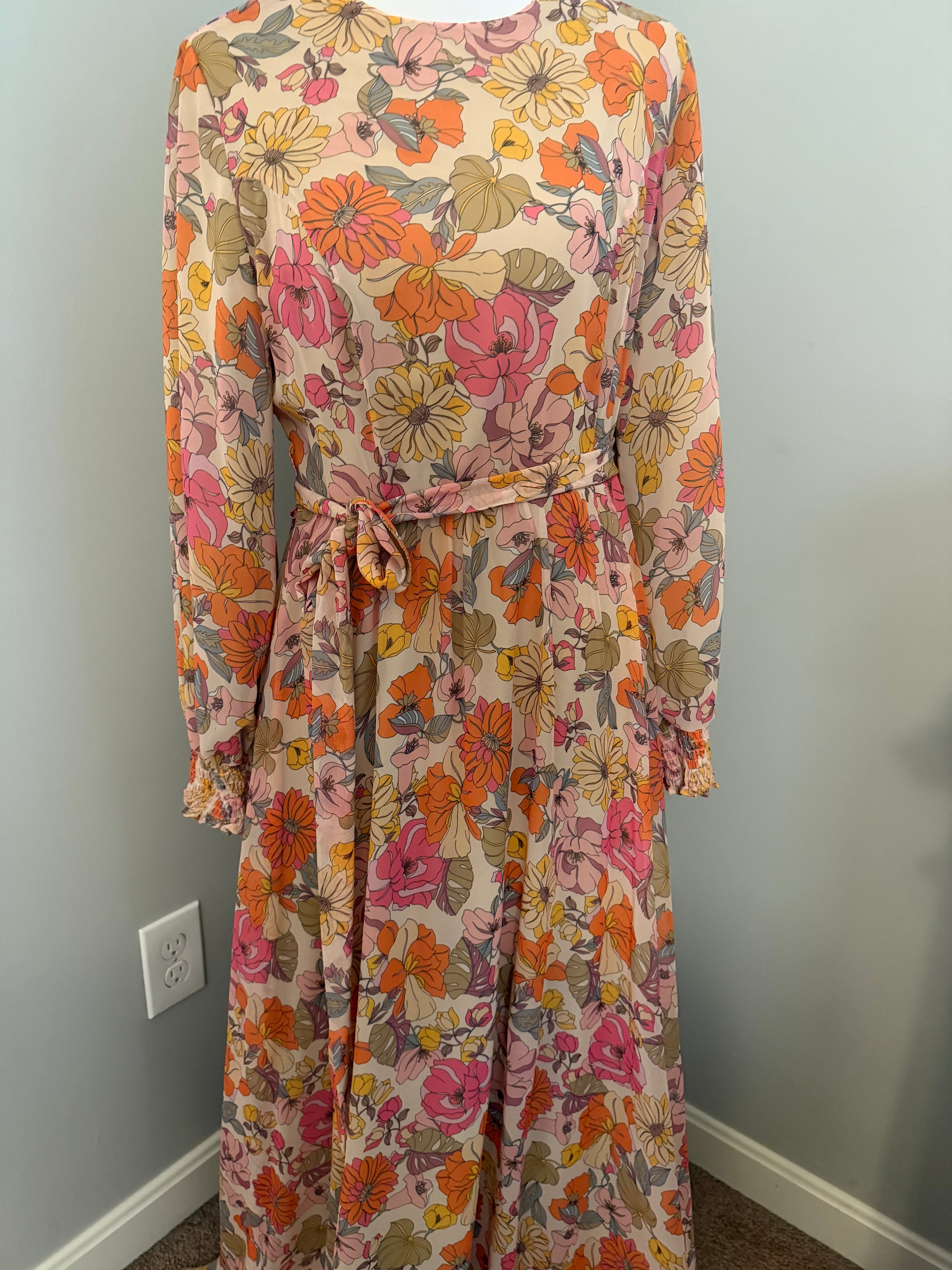 Pink Floral Modest Maxi Dress with Waist Tie