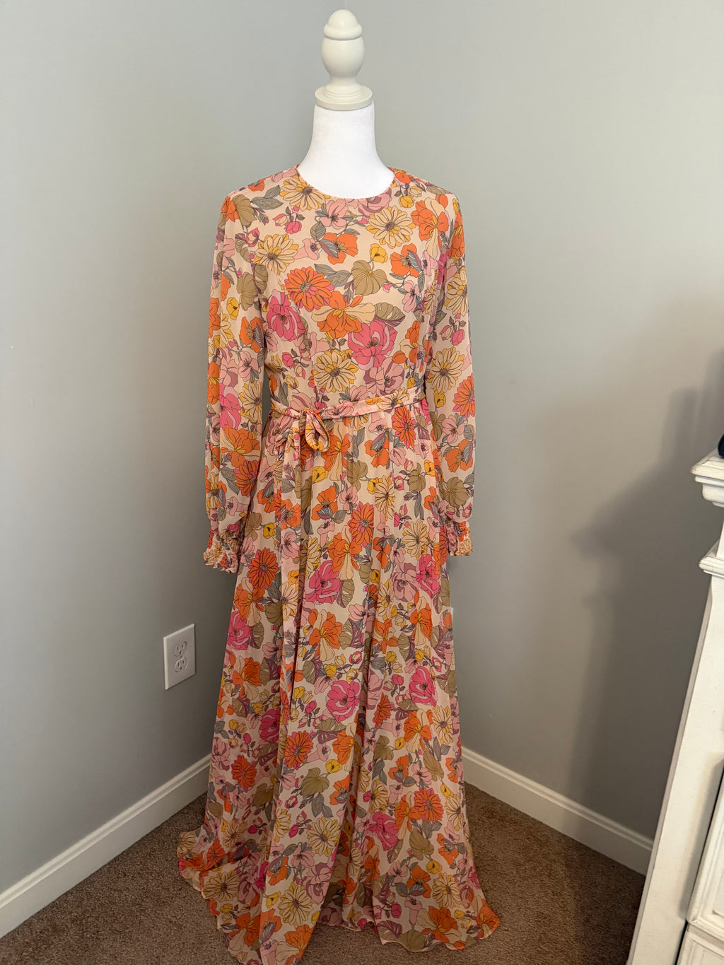 Pink Floral Modest Maxi Dress with Waist Tie