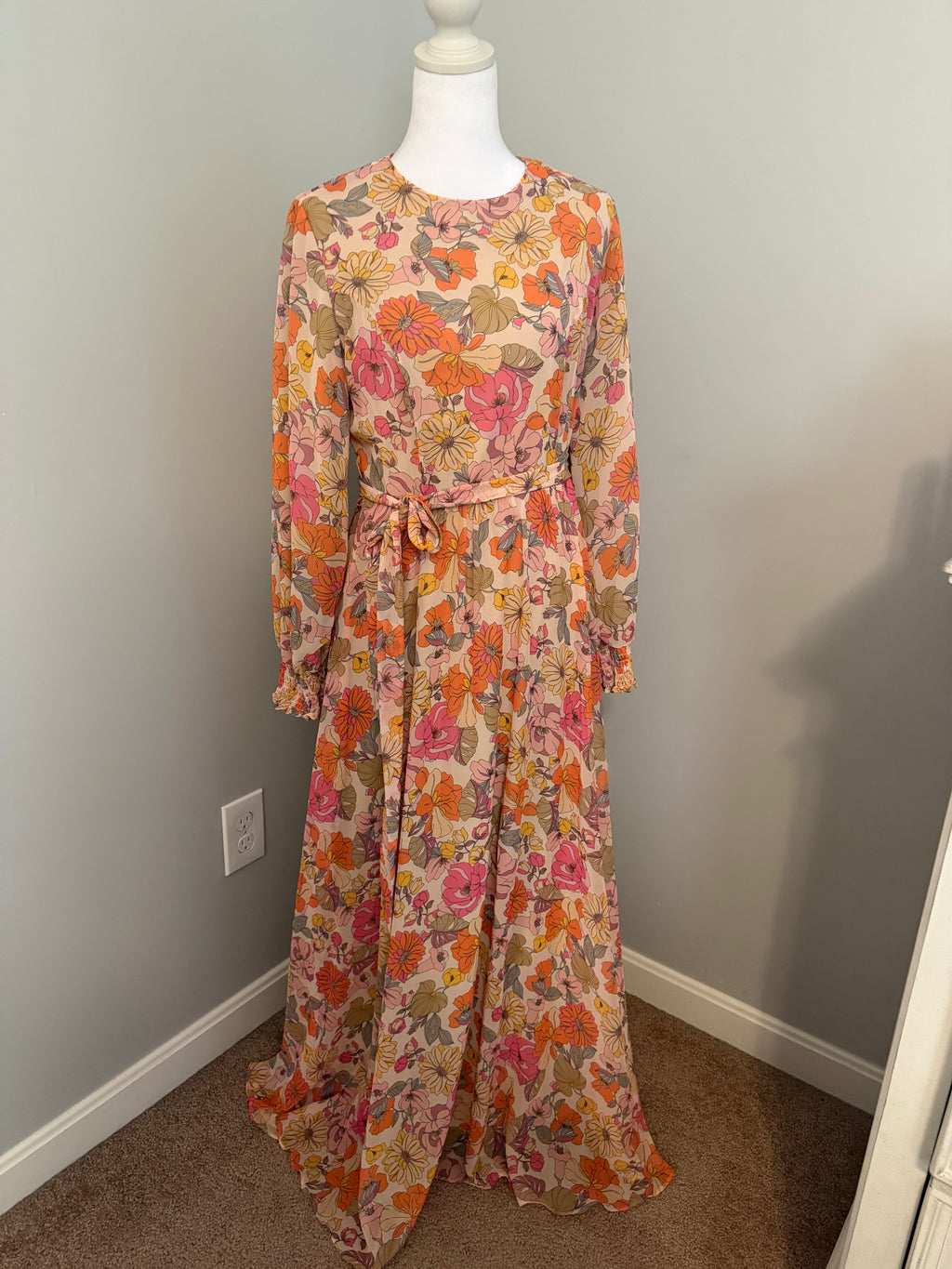 Pink Floral Modest Maxi Dress with Waist Tie
