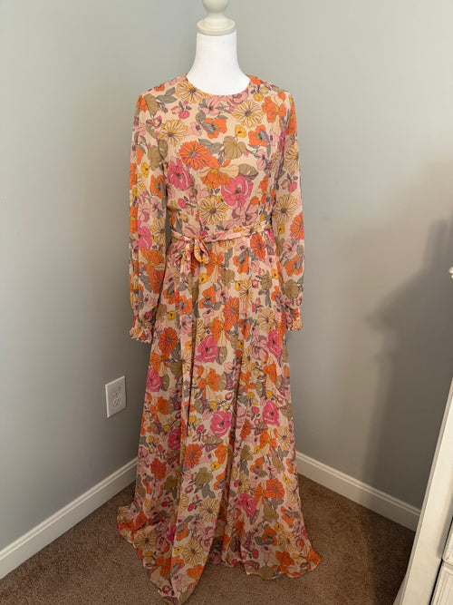 Pink Floral Modest Maxi Dress with Waist Tie