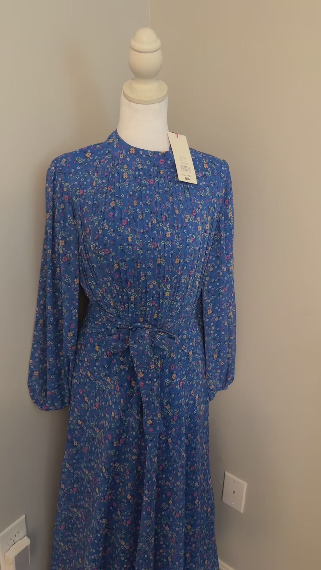 Blue Floral Modest Maxi Dress with Waist Tie