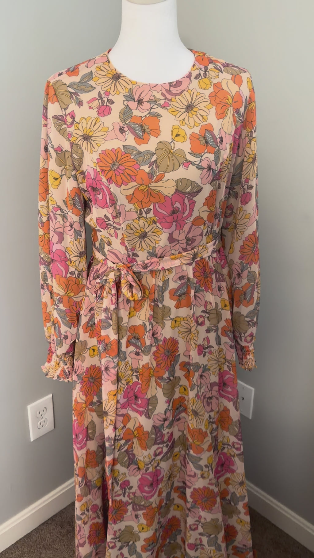 Pink Floral Modest Maxi Dress with Waist Tie
